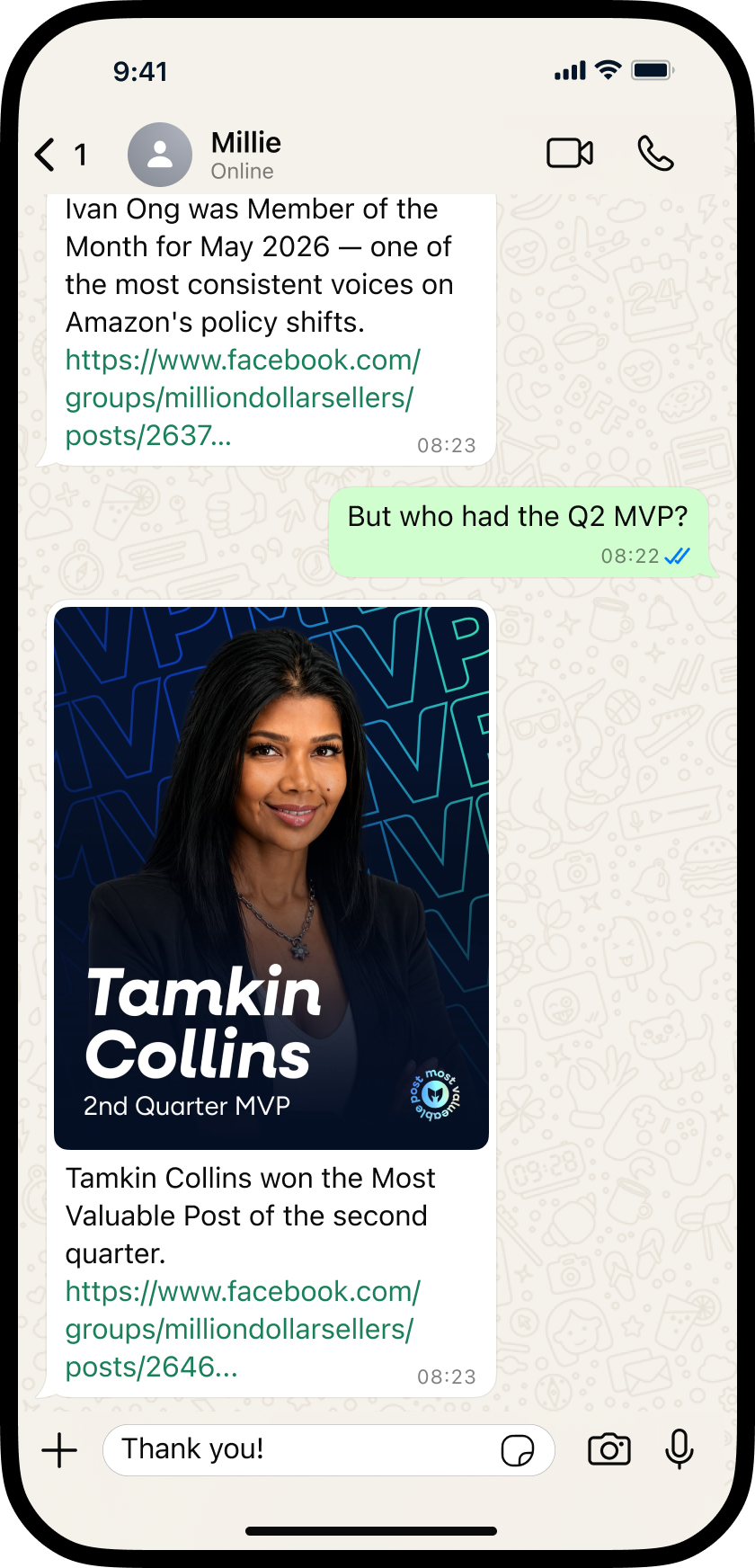 Millie answering in WhatsApp: Member of the Month and Q2 MVP