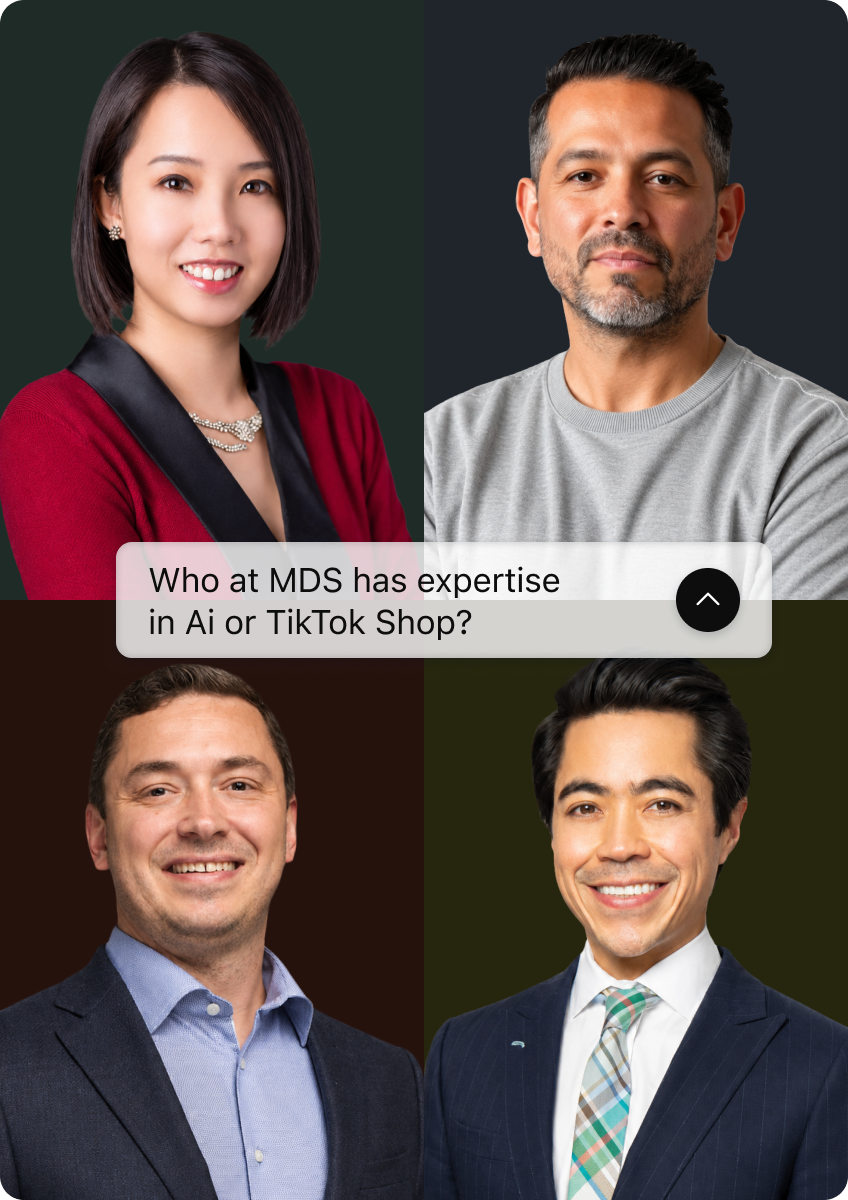 Four MDS member headshots with the question who at MDS has expertise in AI or TikTok Shop