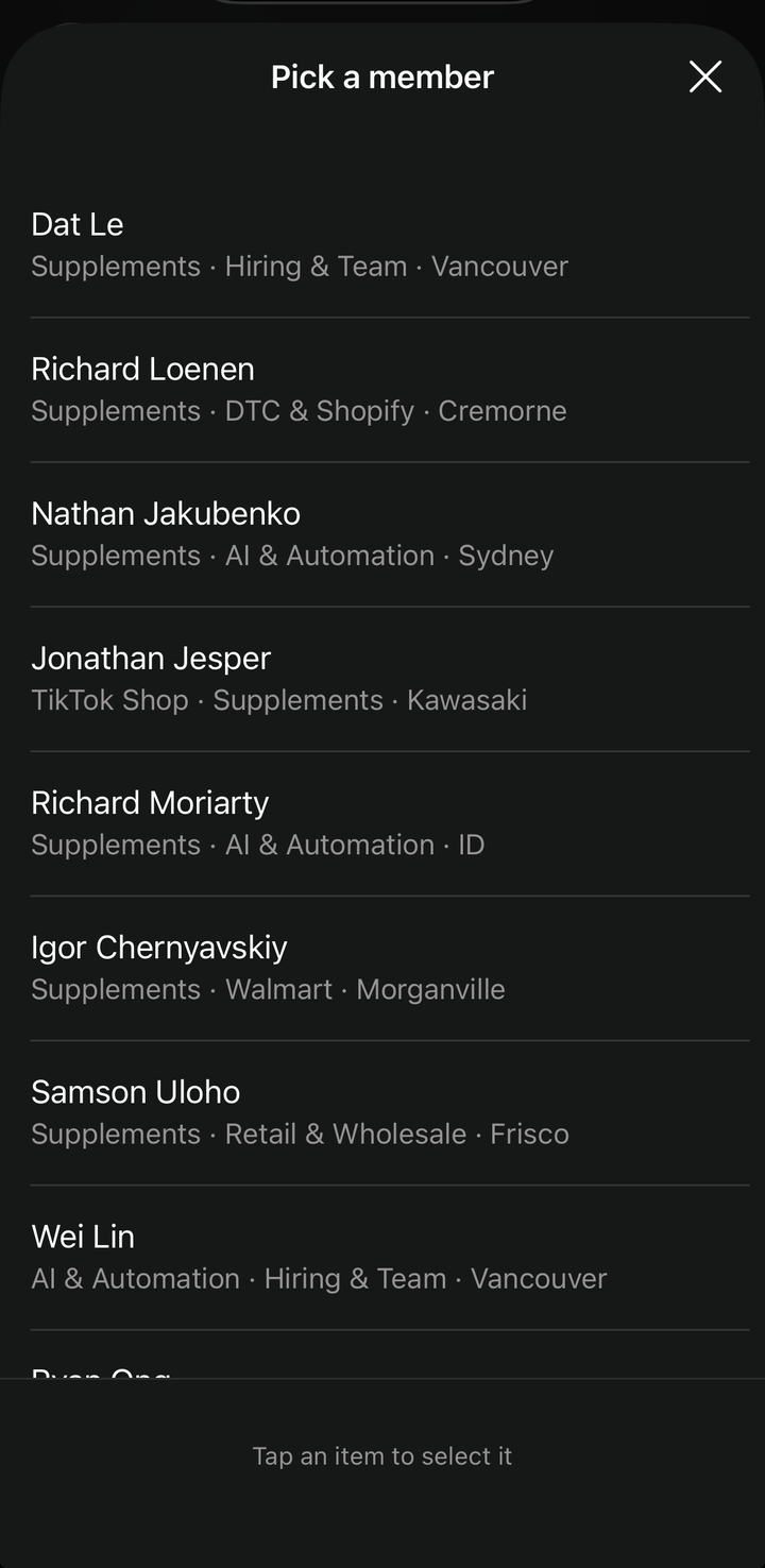 The Pick a member list, each with niche, focus area and city