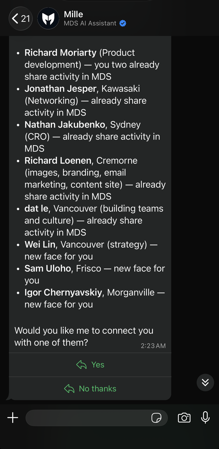 Millie listing recommended members, each with the reason they fit
