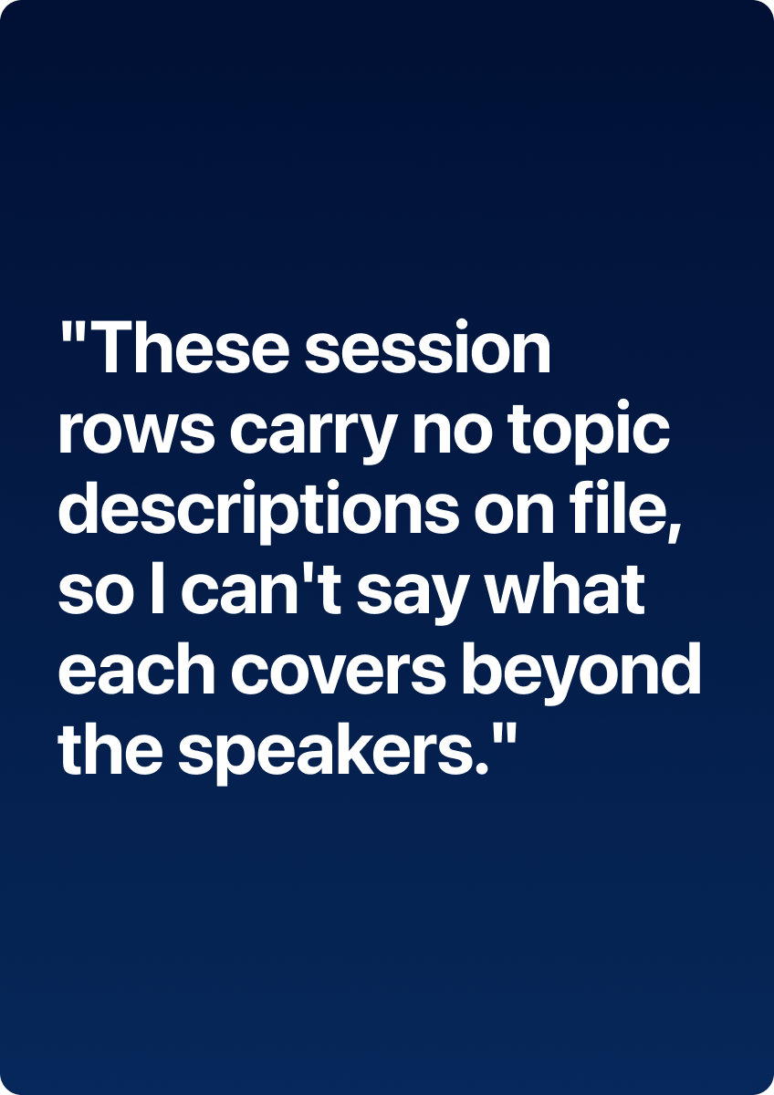Millie saying the session rows carry no topic descriptions on file