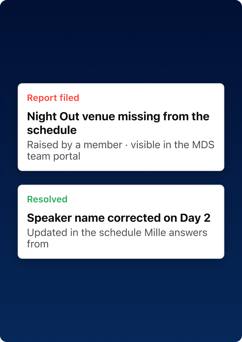A filed report and a resolved report in the MDS team portal