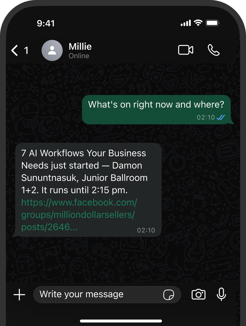 Millie in dark-mode WhatsApp answering what's on right now