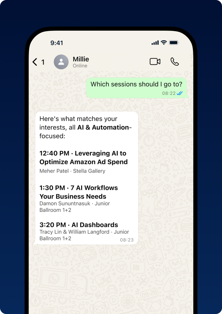 Millie listing the sessions that match a member's focus areas