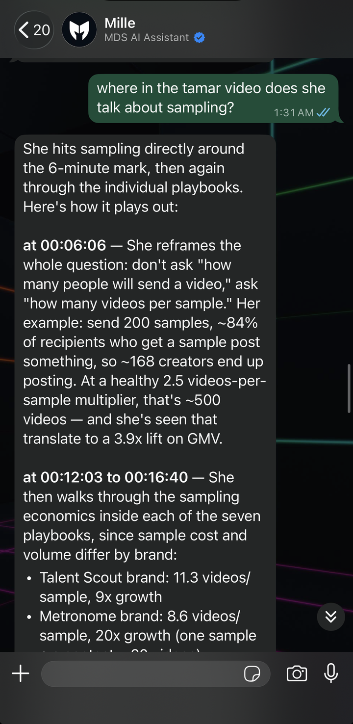 Millie answering with the timestamps in a talk and what was said at each